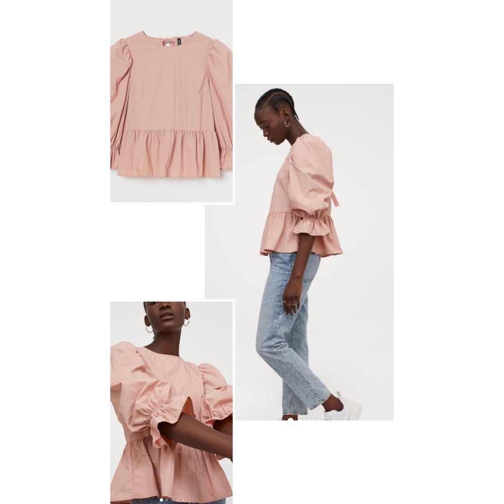 H&M Divider Pink Puff Sleeve Peplum Top Open Back Tie Blouse 08865602 Small